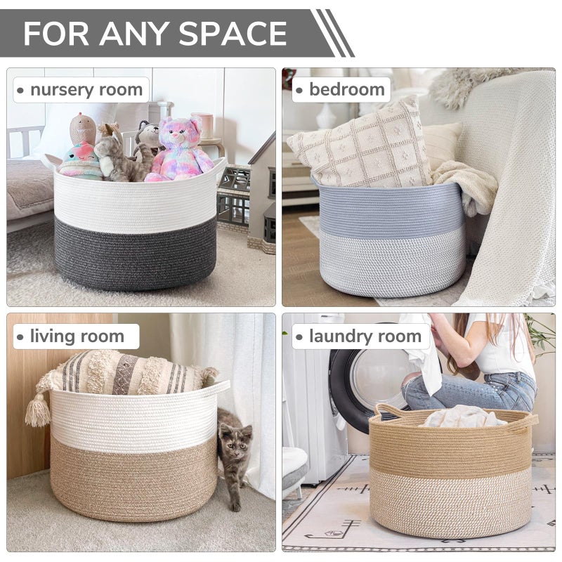 INDRESSME XXXLarge Cotton Rope Basket 21.7" x 21.7" x 13.8" Woven Baby Laundry Baskets Blanket Basket Toy Baskets with Handle Storage Comforter Cushions Gray Laundry Hamper - Image 5